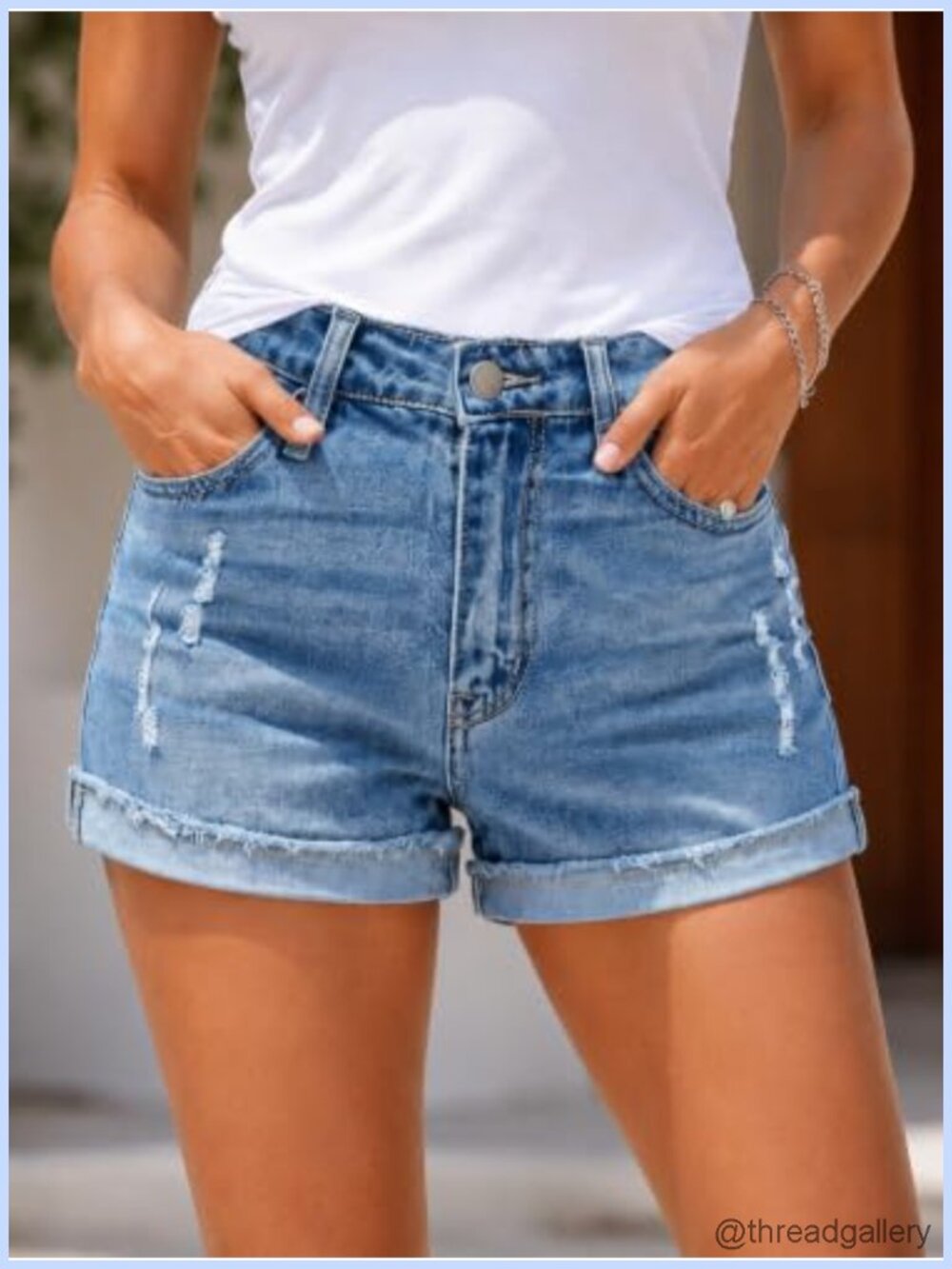 High Waisted Distressed Denim Shorts Rolled Frayed Hem Stretchy Summer
